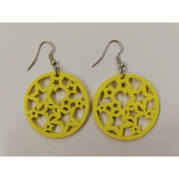 Náušnice Dřevěné náušnice - kruh s hvězdami - žluté