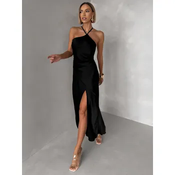 Dámské šaty Černé saténové společenské šaty ELIRON s rozparkem Velikost: ONESIZE