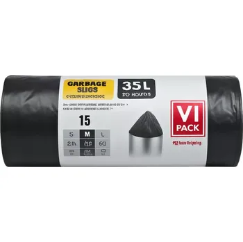 Pytle na odpadky VI Pack Zatahovací pytle na odpad 35L, 15 ks, černé, PE, recyklovatelné (Extra pevné odpadkové pytle, černé pytle, pytle na tříděný odpad, pytle do koše, ekologické produkty, recyklace, PE fólie, sáčky do koše)