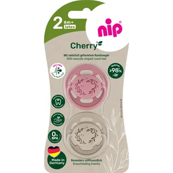 dudlíky NIP CHERRY NATURE line šidítko, kaučuk,velikost 2 (6m+), 2ks, red/brown