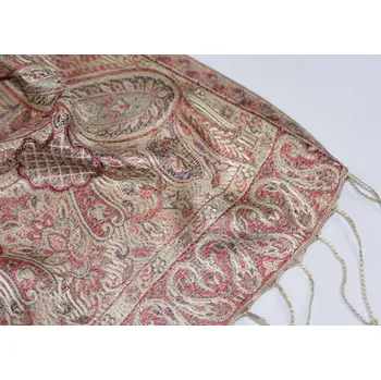 Šála Hedvábná šála Jamawar malá - Béžová a červená s ornamenty