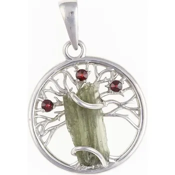 Přívěsek My Moldavite Stříbrný přívěsek s přírodním vltavínem a granáty – Strom života 475-14705