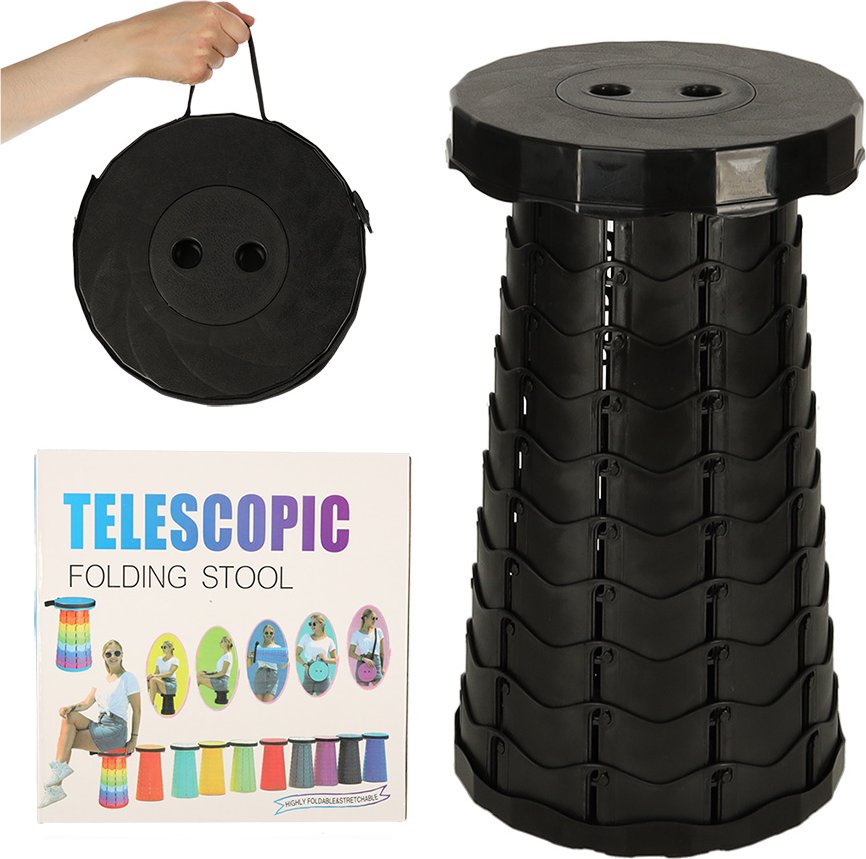 Skládací židle teleskopická cestovní stolička přenosná černá 200kg