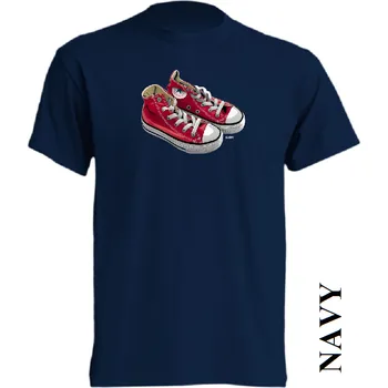 Pánské tričko levne-bavlnene-tricko-potisk-cervene-tenisky-converse Barva: Navy - tmavě modrá, velikost: L