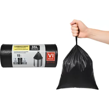Sáček na potraviny Pytle VI Pack 35L na odpad černé zatahovací 15ks | Extra silné, recyklovatelné (Pytle na odpad 35L recyklovatelné černé zatahovací, pro domácnost, kancelář. Extra pevné sáčky do koše)