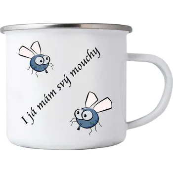 Bílý plechový hrnek 380ml s obrázkem - mouchy