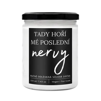 Svíčka Designová handmade svíčka TADY HOŘÍ MÉ POSLEDNÍ NERVY s vůní perníkového koření 220ml Soaphoria