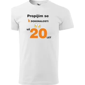Pánské tričko Pánské tričko - Propíjím se k dokonalosti, už 20 let Barva: Bílá, Velikost: 5XL