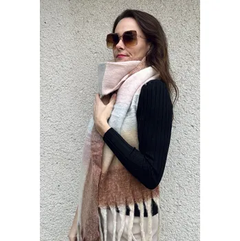 Šála BudesIN Dlouhá kostkovaná šála s třásněmi světle hnědá