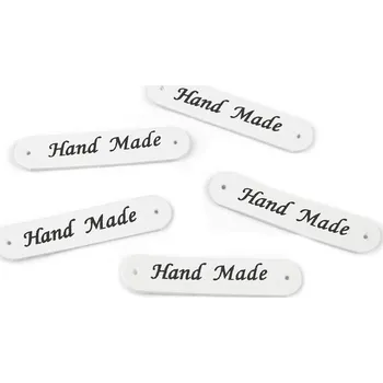 Nášivka / štítek z eko kůže Hand Made 10x48 mm, střední, 1 bílá mat