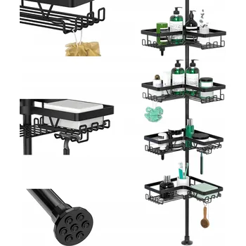 Koupelnový nábytek KOUPELNOVÁ ROHOVÁ POLICE TELESKOPICKÁ 4-PATROVÁ NASTAVITELNÁ KOVOVÁ ČERNÁ