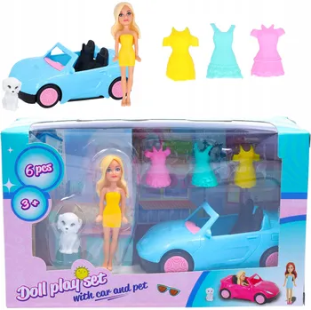 Panenka LALKA Z SAMOCHODEM zestaw z pieskiem ubranka šaty modrý kabriolet