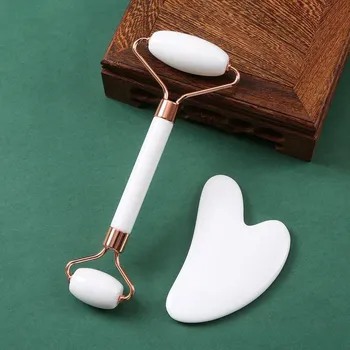 Masážní přístroj Jade váleček a Gua Sha masážní set | péče o pleť - bílá set
