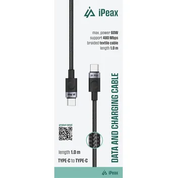Datový kabel iPEAX TEXTILNÍ KABEL USB-C / USB-C 1M, USB 2.0 ČERNÝ