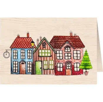 Obraz Dřevěné přání C6 + obálka Vánoční motiv - Domečky