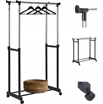 Věšák VĚŠÁK NA OBLEČENÍ STOJACÍ ČERNÝ DVOJITÝ NA KOLEČKÁCH