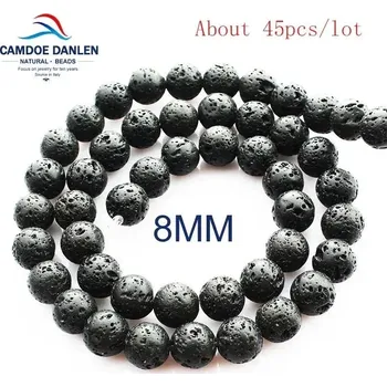 Dětské navlékací korálky Černé lávové korálky z přírodního kamene | šperky - 8MM 46 ks