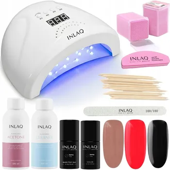 Lak na nehty Startovací Sada pro UV LED hybridní manikúru: Lampa, laky, báze, top, čisticí prostředky, buničina INLAQ