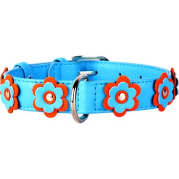 Obojek pro psa Collar Obojek kožený Glamour Flower - modrý (30-39cm/20mm)