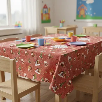 ubrus Ubrus PVC s textilním podkladem vánoční 1334-02 dětský, santa a sněhulák na červené, š.140cm (metráž)