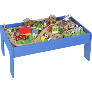 autodráha Hrací stůl, 108dílná dřevěná vláčkodráha, s odnímatelnou deskou, vláčkodráha, 98x60,5x40 cm, modrá