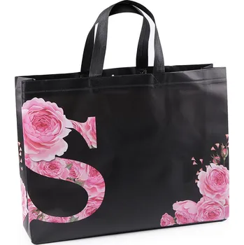 Taška z laminované netkané textilie s květy růže 30x40 cm, malé, 2 černá