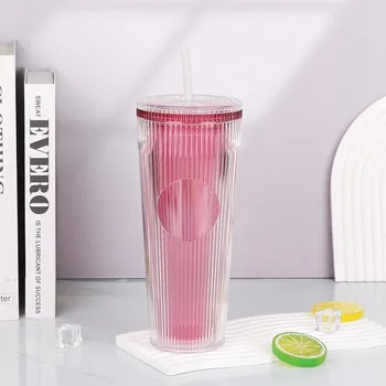 Průhledný termo hrnek s brčkem 710 ml | hrnek, kelímek - růžová tmavě