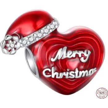 Přívěsek Charm Sterlingové stříbro 925 Vánoční srdce - Merry Christmas s čepičkou, korálek na náramek vánoce
