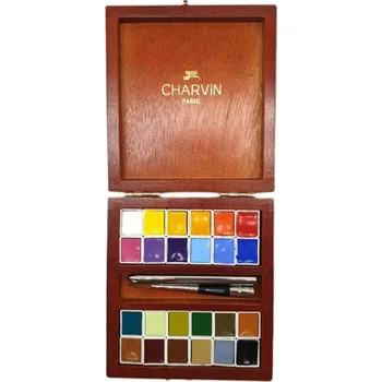 Vodová barva Charvin Paris Akvarelové barvy Extra Fine 24Ks Dřevěný box Hnědý
