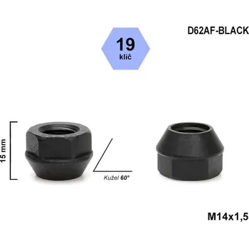 Matice na kolo Kolová matice M14x1,5 kužel otevřená, klíč 19, černá, D62AF-BLACK, výška 15 mm