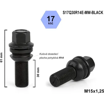 Šroubek na kolo Kolový šroub M15x1,25x30 kulový R14, pohyblivá plocha, klíč 17, S17Q30R14E-MW-BLACK, černý, výška 61 mm