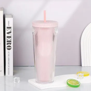 Průhledný termo hrnek s brčkem 710 ml | hrnek, kelímek - Růžová