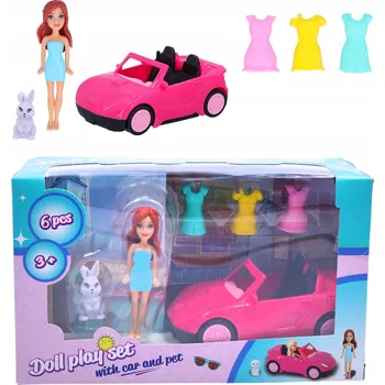 Panenka LALKA Z SAMOCHODEM zestaw z królikiem Panenka s autem, sada s králíčkem, oblečení šaty růžový kabriolet