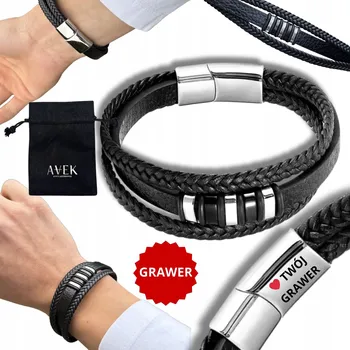 Náramek PÁNSKÝ KOŽENÝ NÁRAMEK S GRAVÍROVÁNÍM GRAVÍROVÁNÍ ČERNÝ STŘÍBRNÝ Z KŮŽE 19 CM