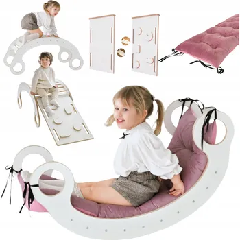 Hra na zahradu Dřevěné Houpačka Montessori pro děti + Polštář Růžový + Bočnice + Skluzavka