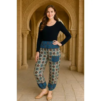 Dámské kalhoty Kalhoty Fatima květiny tyrkysové-Sale