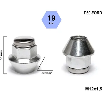 Matice na kolo Kolová matice M12x1,5 kužel uzavřená, nerezové víčko, klíč 19, výška 30 mm, D30-FORD