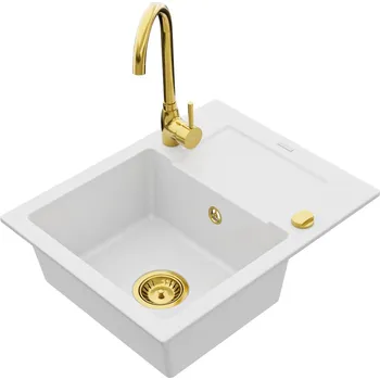 Kuchyňský dřez MEXEN/S - Enzo granitový dřez 1 s odkapávačem včetně baterie Telma, bílá 6506-20-670200-50