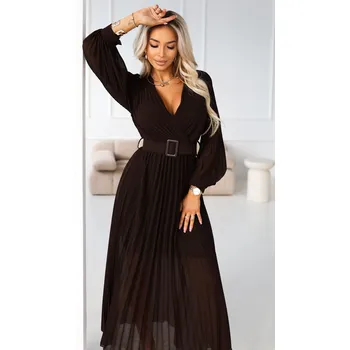 Dámské šaty Numoco basic KLARA Elegantní skládané midi šaty s páskem a výstřihem - čokoládové 414-11 Barva: Hnědá, Velikost: UNI