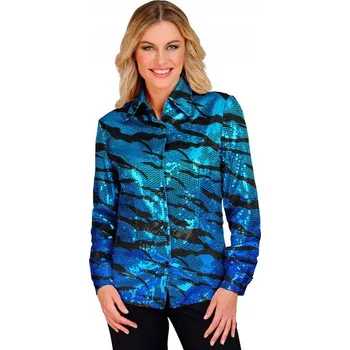 DÁMSKÁ KOŠILE S CEKINAMI MODRÁ TYGR KARNEVAL SILVESTR PÁRTY S/M