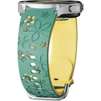 Gravírovaný silikonový řemínek pro Samsung Galaxy Watch 5 40 mm Dvoubarevný rytý květinový design Prodyšný měkký pohodlný sportovní pásek zeleno-žlutá