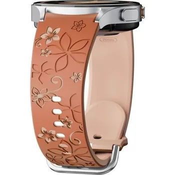 Gravírovaný silikonový řemínek pro Samsung Galaxy Watch 4 44 mm Dvoubarevný rytý květinový design Prodyšný měkký pohodlný sportovní pásek béžovo-hnědá