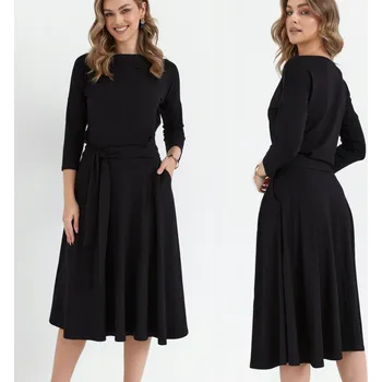 Dámské šaty STYLOVÉ DÁMSKÉ ELEGANTNÍ ŠATY MIDI ROZŠÍŘENÉ S PÁSKEM ČERNÉ 38 M