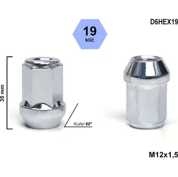 Matice na kolo Kolová matice M12x1,5 kužel zavřená, klíč 19, D6HEX19, výška 36 mm