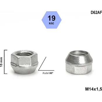 Matice na kolo Kolová matice M14x1,5 kužel otevřená, klíč 19, D62AF, výška 15 mm