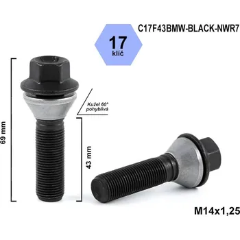 Šroubek na kolo Kolový šroub M14x1,25x43 kužel pohyblivý černý, klíč 17, C17F43BMW-BLACK-NWR7, výška 69 mm