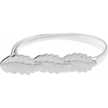 Opasek PÁSEK KOVOVÝ PRUŽNÝ ELASTICKÝ OZDOBNÝ DÁMSKÝ STŘÍBRNÝ S PLÍŠKEM A MOTIVEM LISTŮ