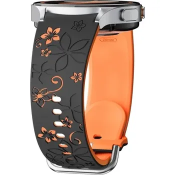 Gravírovaný silikonový řemínek pro Samsung Galaxy Watch 6 Classic 47 mm Dvoubarevný rytý květinový design Prodyšný pohodlný sportovní pásek černo-oranžová