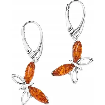 Náušnice Stříbrné Náušnice s motýly a jantarem, motýli Stříbro