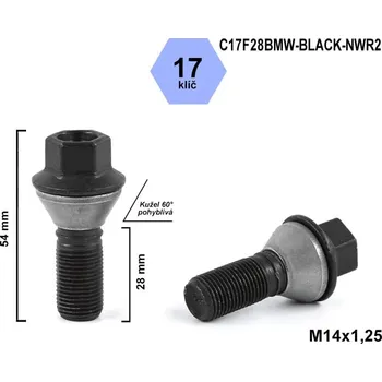 Šroubek na kolo Kolový šroub M14x1,25x28 kužel pohyblivý, klíč 17, C17F28BMW-BLACK-NWR2, výška 54 mm